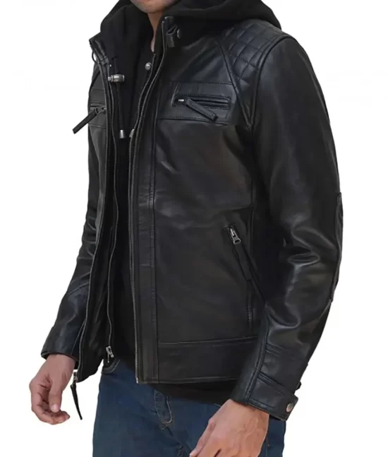 Benedict Men’s Hooded Real Leather Racer Jacket
