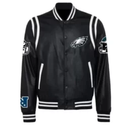 Black White Philadelphia Eagles Leather Varsity Jacket