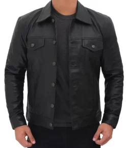Blake Men’s Black Retro Real Leather Trucker Jacket