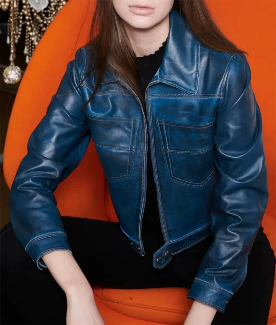 Blue Cropped Leather Jacket