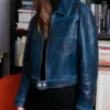Blue Cropped Real Leather Jacket