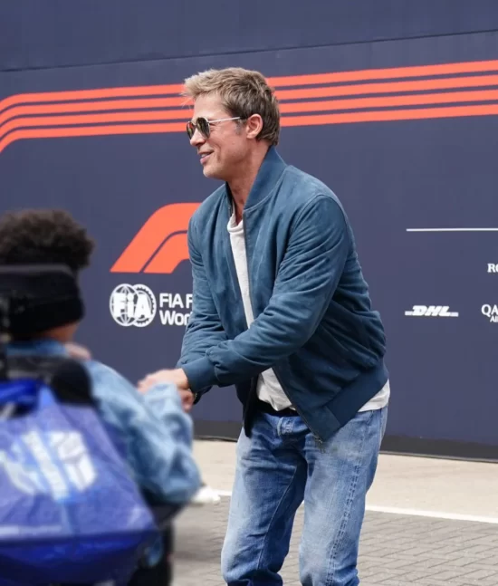 Brad Pitt British Grand Prix Blue Leather Jacket