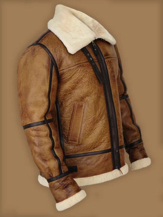 Brian-B3 Distressed Brown Shearling Real Bomber Jacket