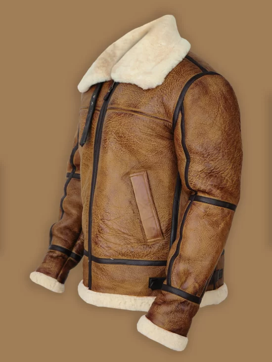 Brian-B3 Distressed Brown Shearling Top Bomber Jacket