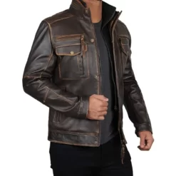 Brown Mens Distressed Leather Motorcycle Jacket Side