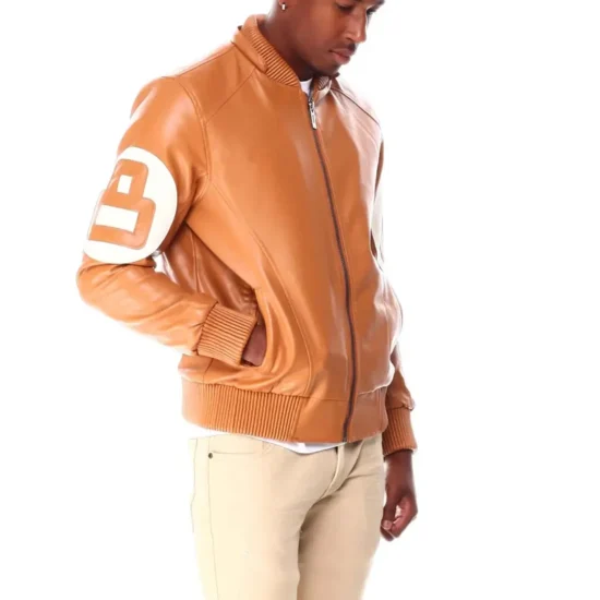 Brown Men's Eight Ball Color Block Fur Hooded Bomber Leather Jacket