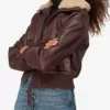 Burgundy Aviator Shearling Collar Leather Jacket