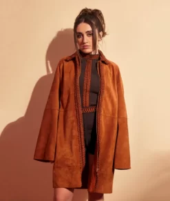 Burning Questions with Bottoms Rachel Sennott Top Leather Brown Coat
