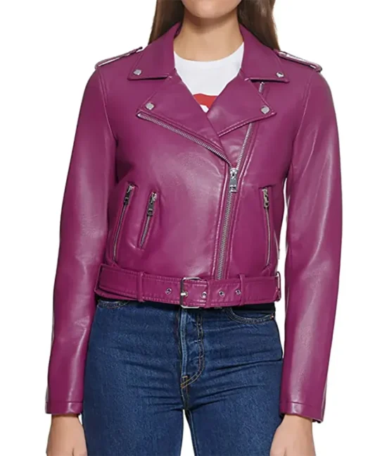 Busy Philipps Girls5eva Purple Leather Jacket Front