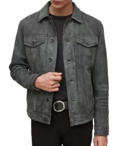 Caleb Men’s Grey Trucker Style Moto Suede Leather Jacket