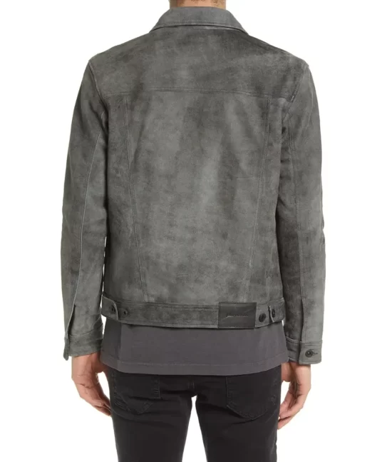Caleb Men’s Grey Trucker Style Moto Real Leather Jacket
