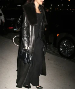 Camila Mendes Black Fur Leather Coat side