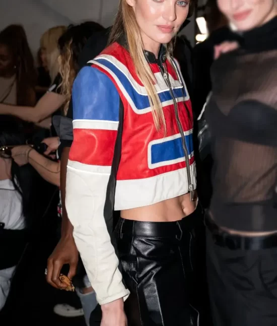 Candice Swanepoel Cropped Top Leather Jacket