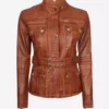 Carolyn Multi Pocket Women's Belted Style Cognac Waxed Leather Jacket