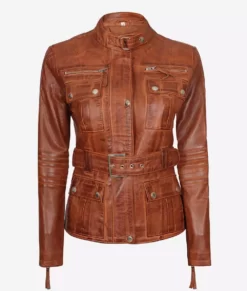 Carolyn Multi Pocket Women's Belted Style Cognac Waxed Leather Jacket