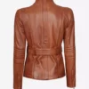 Carolyn Multi Pocket Women's Belted Style Cognac Waxed Leather Jacket Back