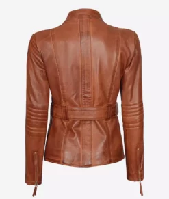 Carolyn Multi Pocket Women's Belted Style Cognac Waxed Leather Jacket Back