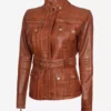 Carolyn Multi Pocket Women's Belted Style Cognac Waxed Real Leather Jacket