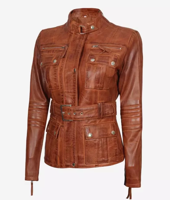 Carolyn Multi Pocket Women's Belted Style Cognac Waxed Real Leather Jacket
