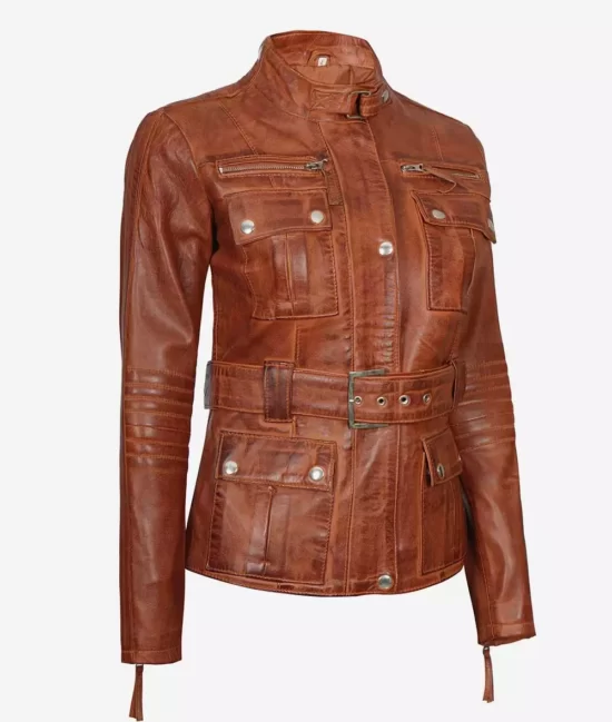 Carolyn Multi Pocket Women's Belted Style Cognac Waxed Top Leather Jacket