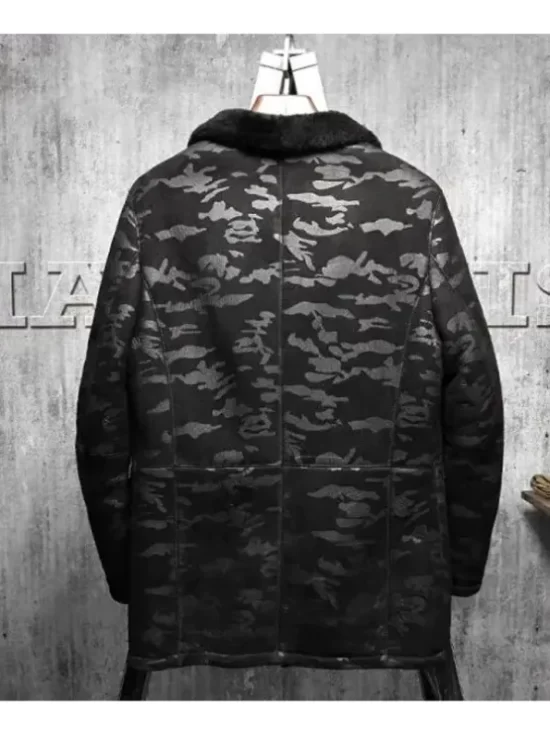 Charles Black Camo Lapel Collar Shearling Fur Suede Leather Coat