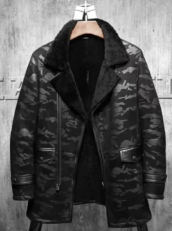 Charles Black Camo Lapel Shearling Leather Coat