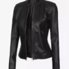 Christina Women's Black Mandarin Collar Crocodile Textured Biker Full Genuine Leather Jacket