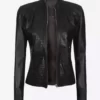 Christina Women's Black Mandarin Collar Crocodile Textured Biker Genuine Leather Jacket