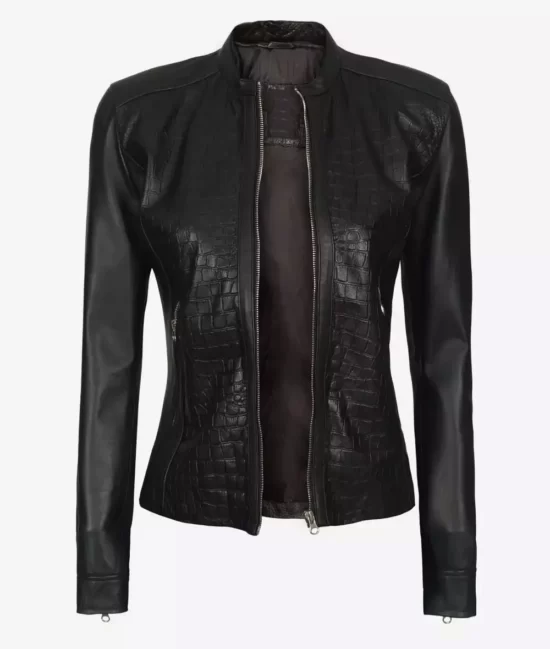 Christina Women's Black Mandarin Collar Crocodile Textured Biker Genuine Leather Jacket