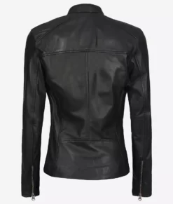 Christina Women's Black Mandarin Collar Crocodile Textured Biker Leather Jacket Back