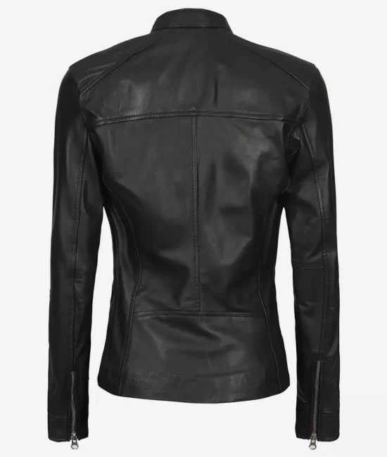 Christina Women's Black Mandarin Collar Crocodile Textured Biker Leather Jacket Back