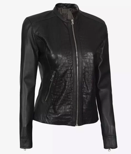 Christina Women's Mandarin Collar Crocodile Textured Biker Full Genuine Leather Jacket