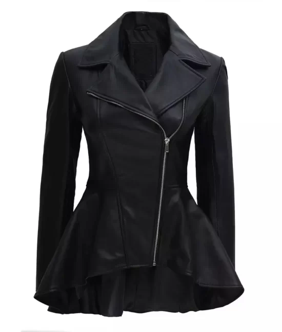 Clarissa Womens Black Peplum Full Genuine Leather Jacket