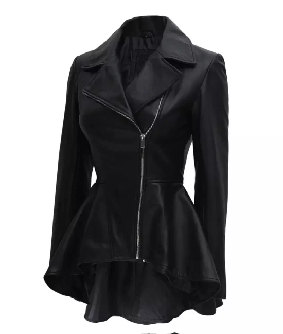 Clarissa Womens Black Peplum Genuine Leather Jacket