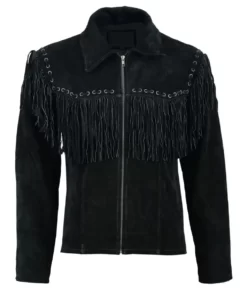 Clint Men’s Black Fringe Western Cowboy Zip-Up Suede Leather Jacket