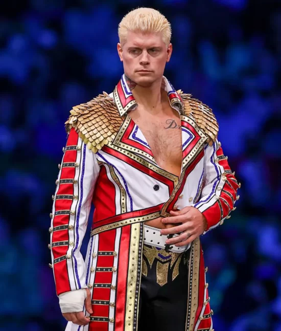 Cody Rhodes Military Style Long Ring Coat in Genuine Leather Red