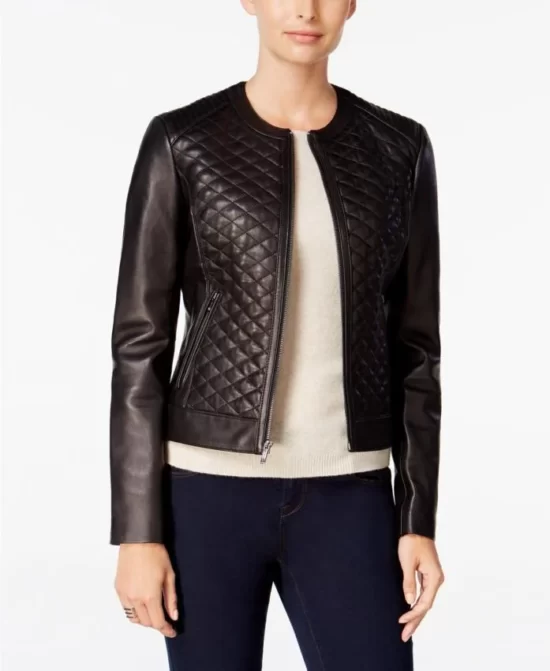Collarless Women Black Quilted Jacket