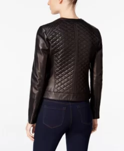 Collarless Women Top Black Quilted Jacket