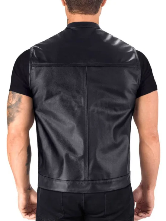 Dapper Black Biker Real Leather Vest Back