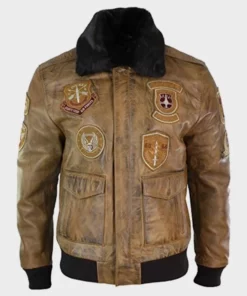 Devin Aviator Tan Bomber Brown Jacket with Patches