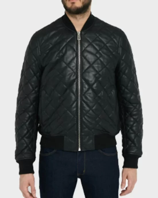 Diamond Quilted Mens Black Bomber Leather Jacket