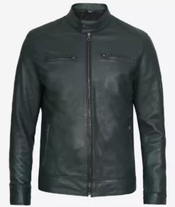 Dodge Dark Green Cafe Racer Leather Jacket for Men Front
