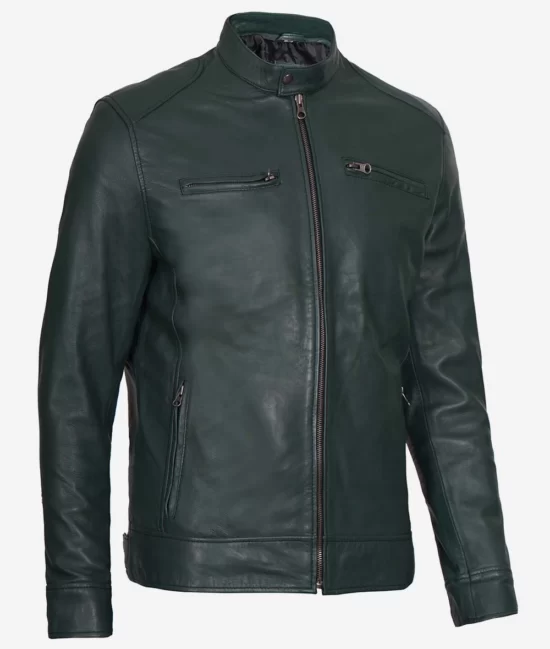 Dodge Dark Green Cafe Racer Real Leather Jacket for Men