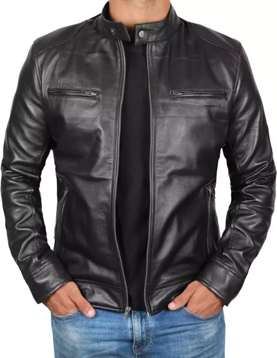Dodge Mens Black Cafe Racer Leather Jacket