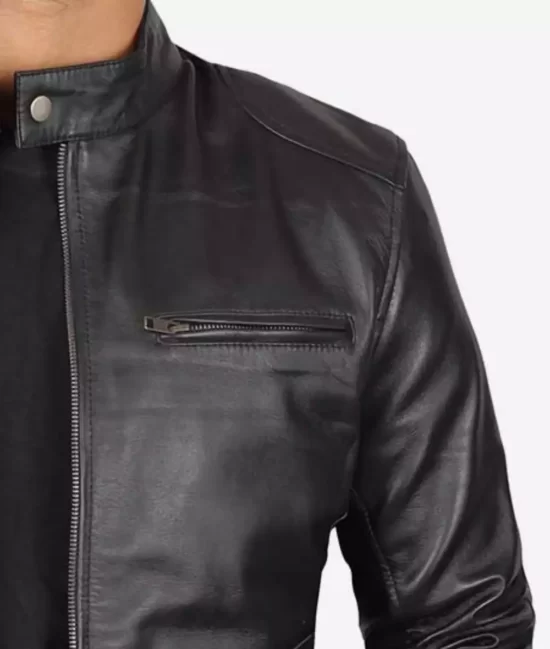 Dodge Mens Black Cafe Racer Real Leather Jacket