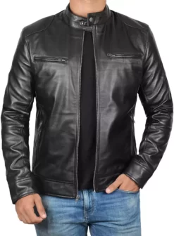 Dodge Mens Black Cafe Racer Top Leather Jacket