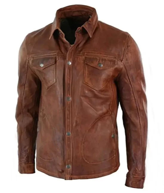 Dominic Men’s Brown Vintage Western Waxed Leather Trucker Jacket