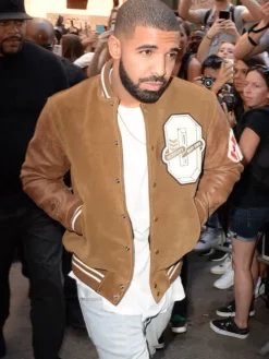 Drake Zero Logo Brown Suede Leather Bomber Varsity Jacket