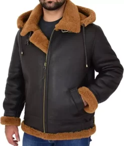 Edwardo Ginger Brown B3 Bomber Real Leather Jacket with Hood