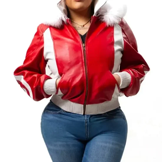 Eight Ball 90s Women's Red & White Fox Fur Hooded Leather Jacket